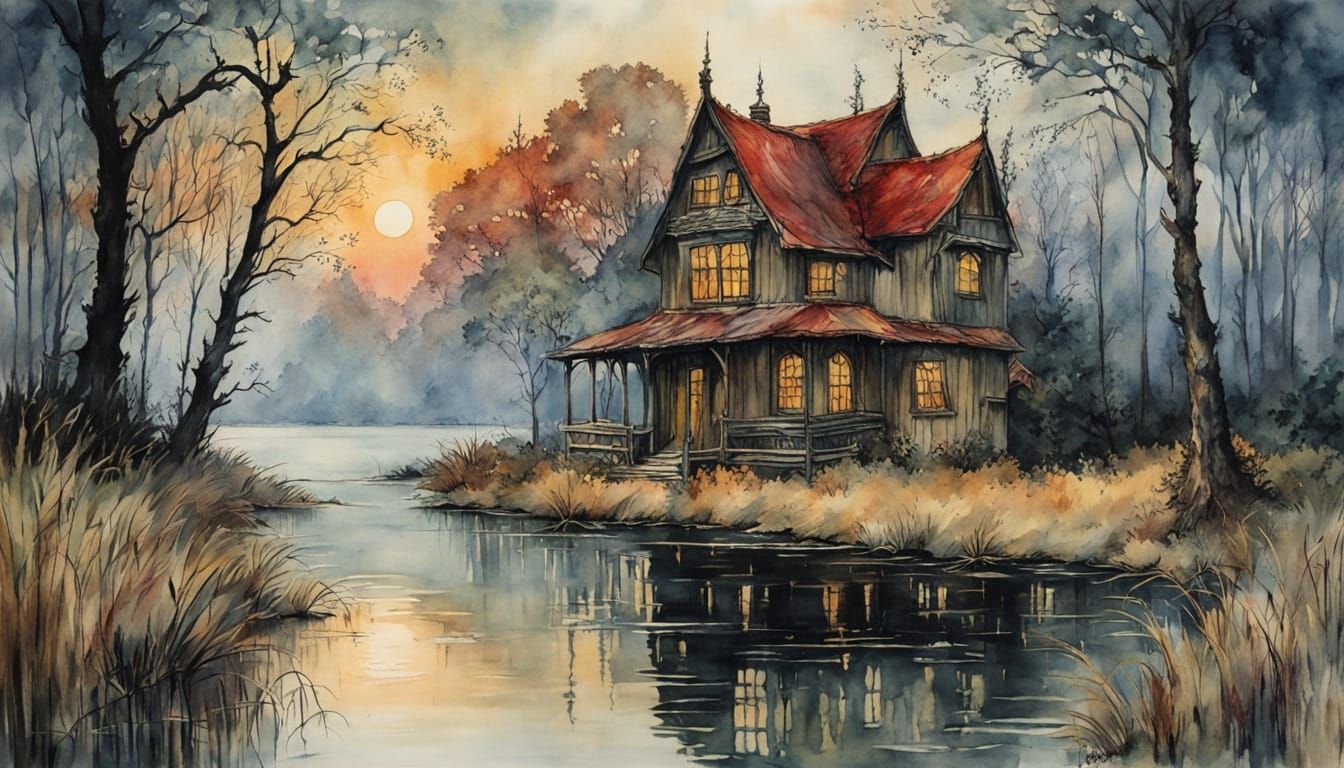 Weeping Willow in Swamp Sunset, Watercolor Reflection