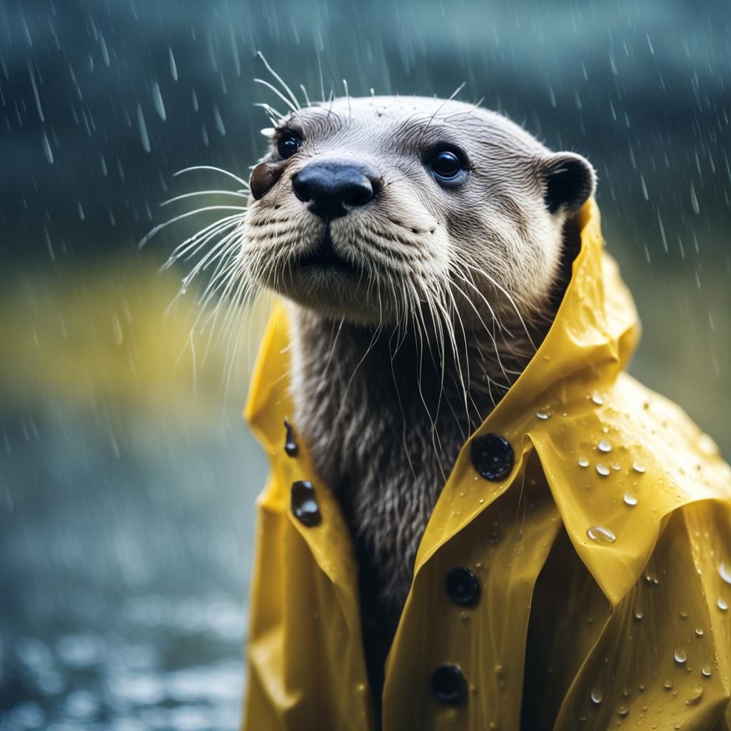 Otter in Yellow Raincoat Splashes in Rainy Landscape