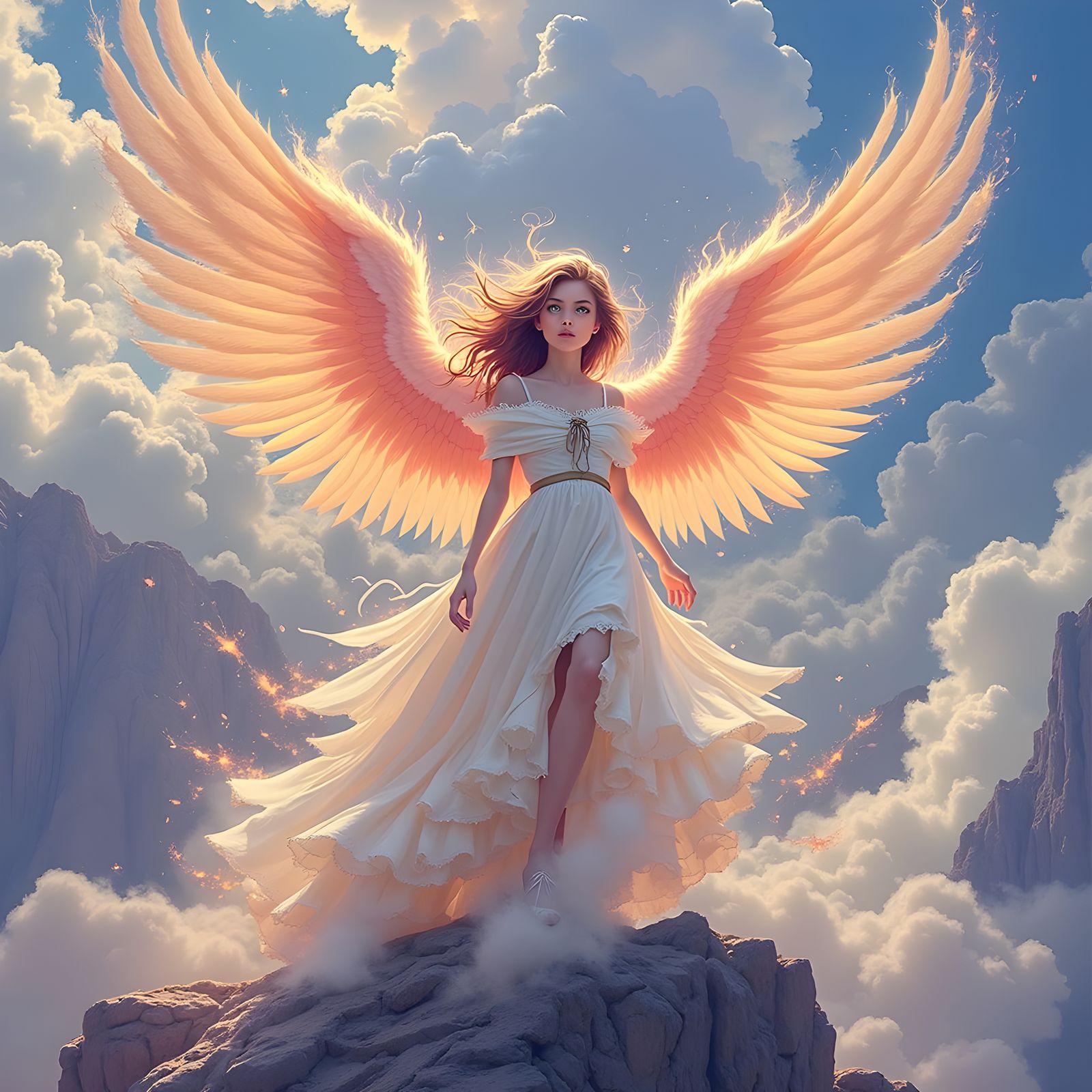 Winged Girl Portrait with Flaming Feathers