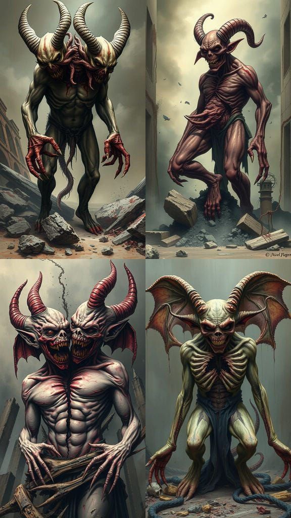 Grotesque Half-Human Demon Emerging from Ruins