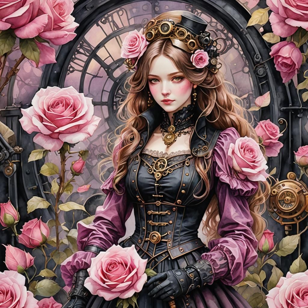 Steampunk Maiden in Secret Rose Garden Watercolor
