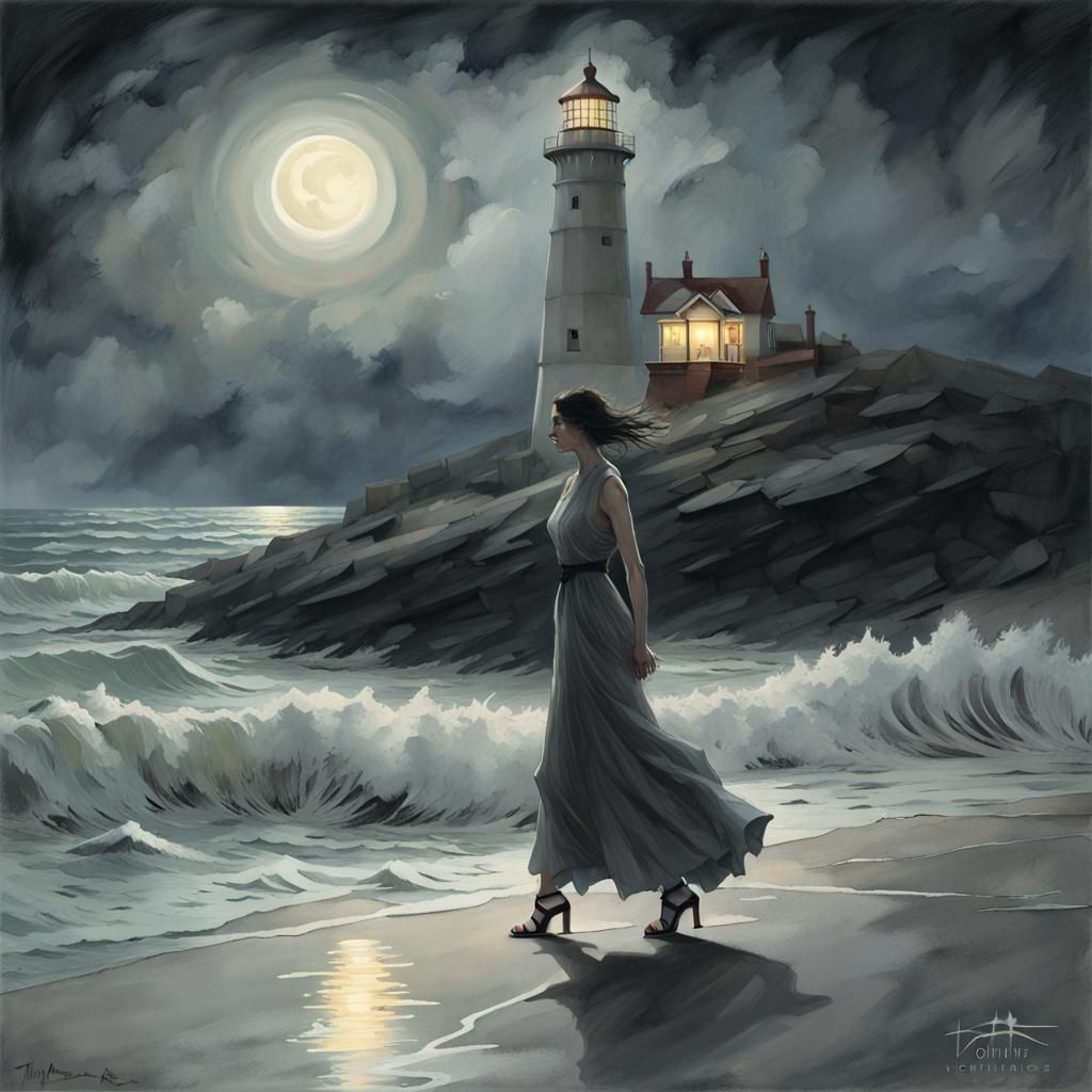 Woman Walks to Lighthouse on Dark Beach