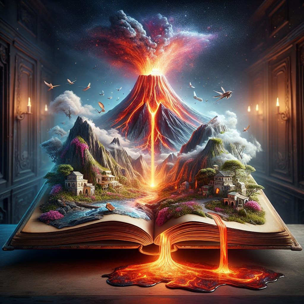 Volcano Eruption Emerging from Book Pages