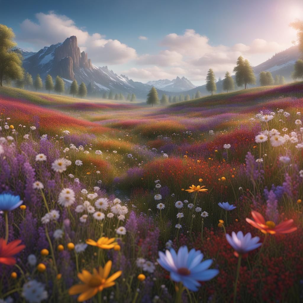 Colorful Wildflower Field as Detailed Matte Painting
