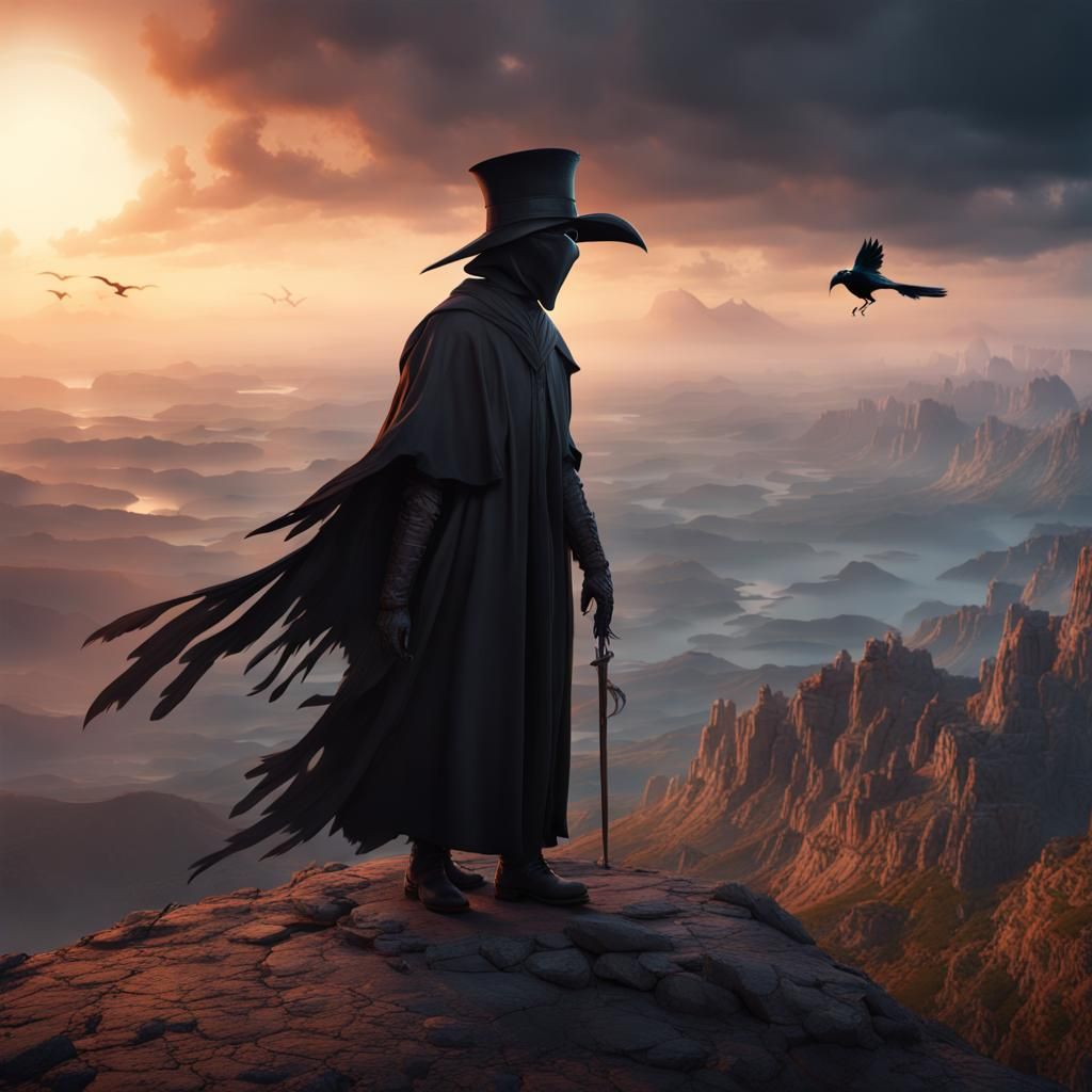 Plague Doctor at Sunrise: Detailed Fantasy Art