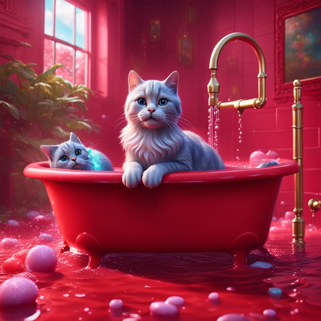 Barbie Cat Bathes in Red Tub: Digital Art
