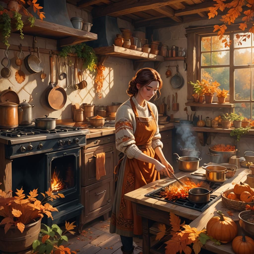 Autumnal Maiden Cooking in Sunlit Kitchen