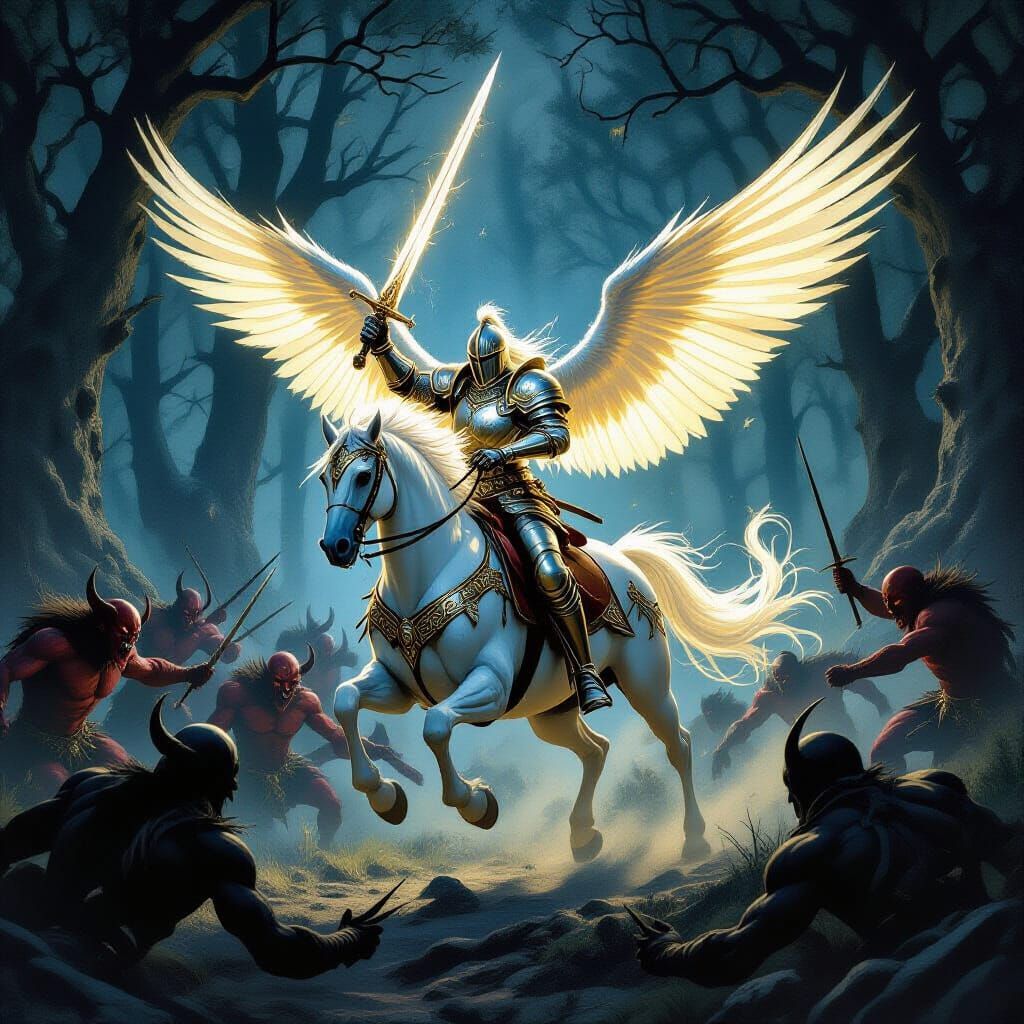 Knight on Phoenix Confronts Demons in Dark Forest