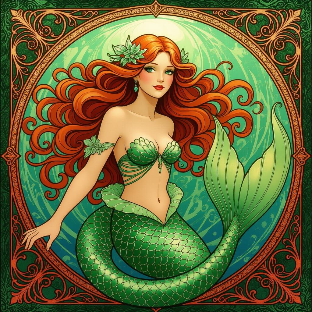 Green background with copper lines making a mermaid image