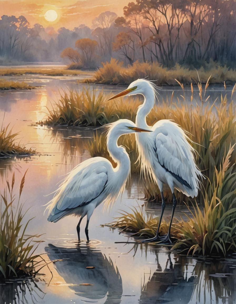 Egrets Courting in Misty Marsh: Gouache Impressionism