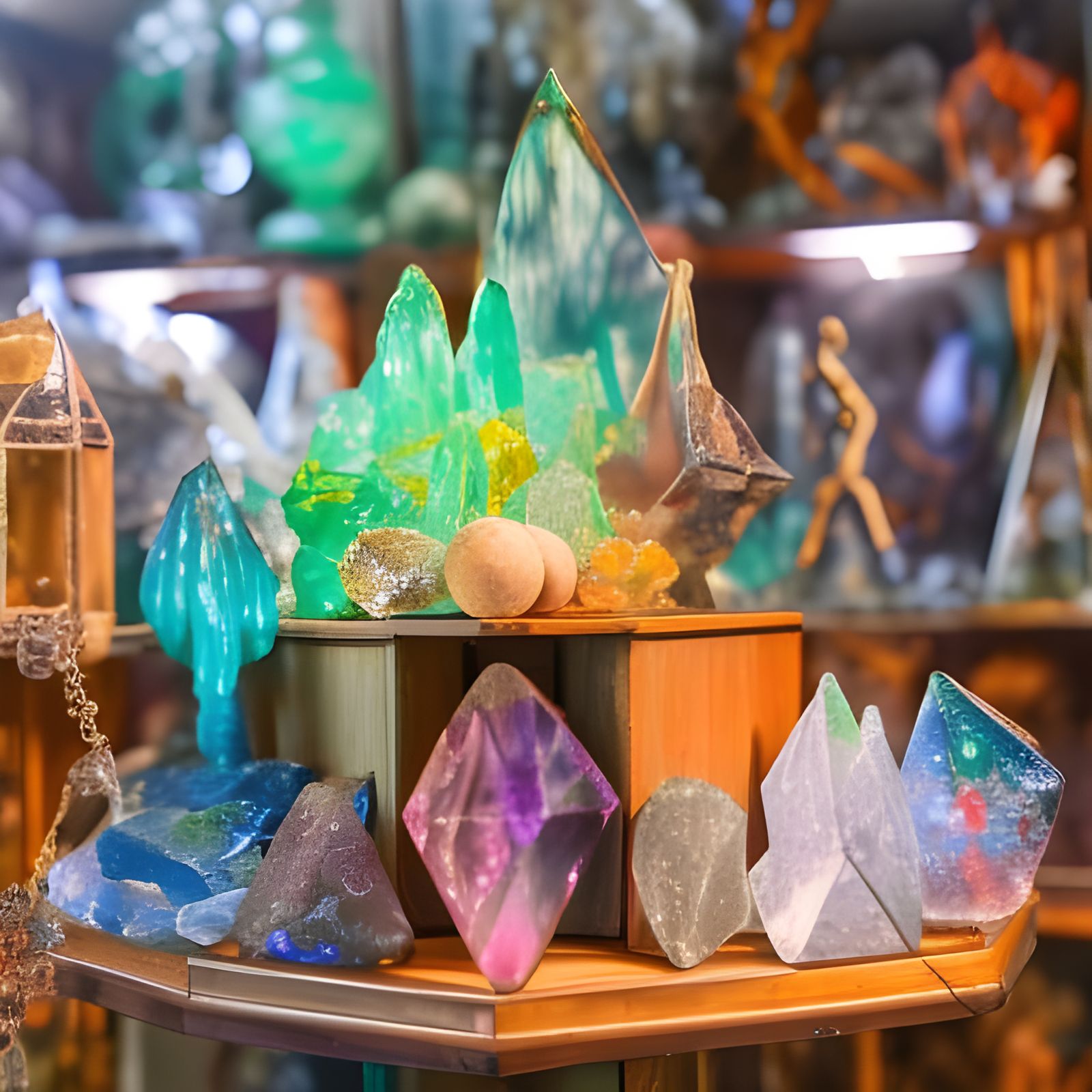 Photo of Inside of a fantasy medieval Crystal Shop , chaotic surreal Crystal Shop with lots of crystals in different gor...