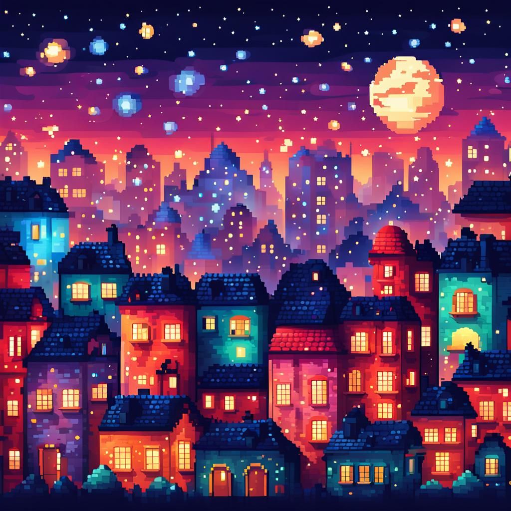 Dreamy Pixel Art City Under Starry Sky