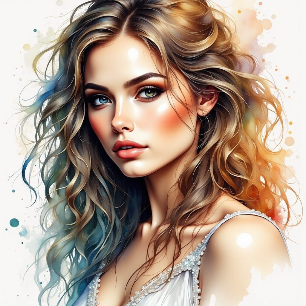 Enchanting Watercolor Portrait of a Woman with Long Hair and...
