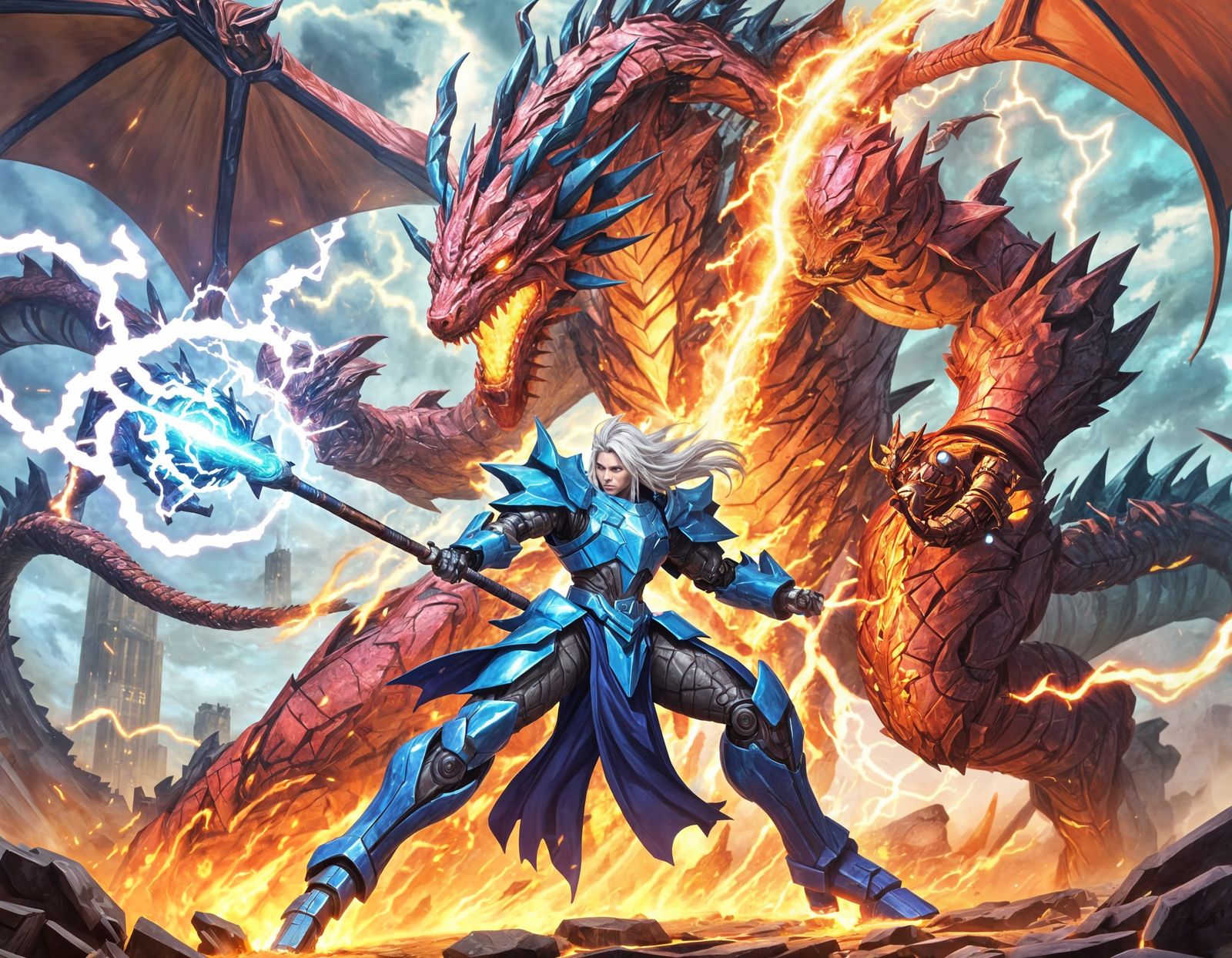 Cybernetic Wizard Battles Mecha Dragon in Anime Style