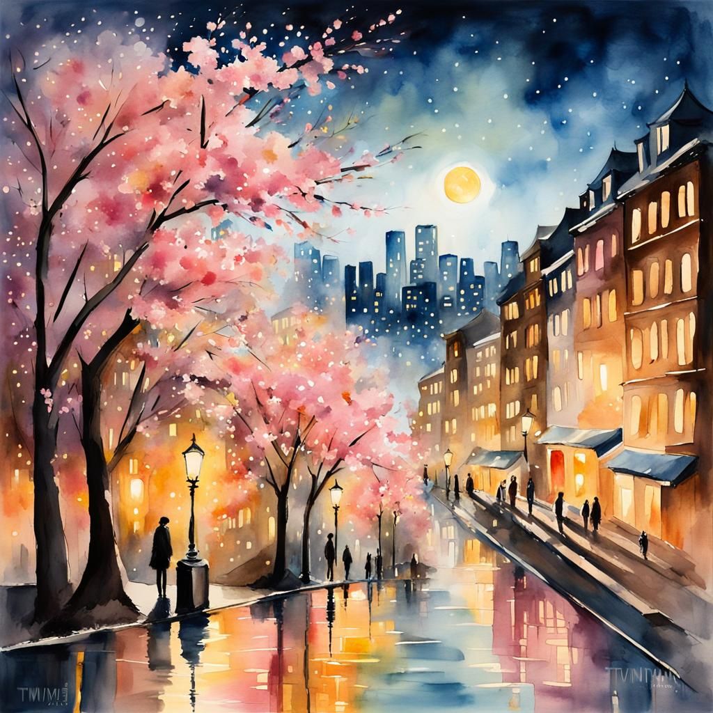 Luminous Watercolor Cityscape with Cherry Blossoms