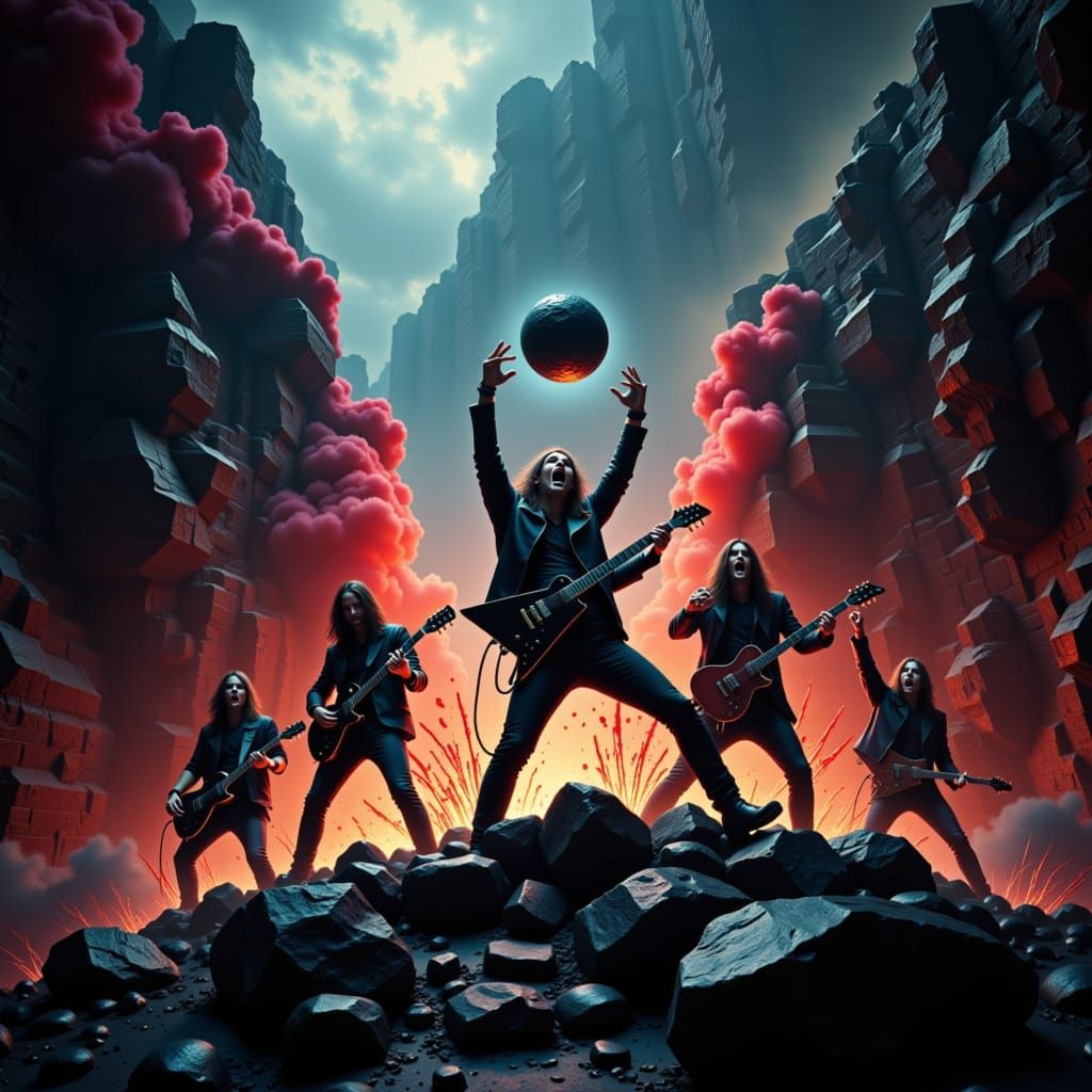 Rock Band's Stage Hit by Falling Rock in Film Noir Style