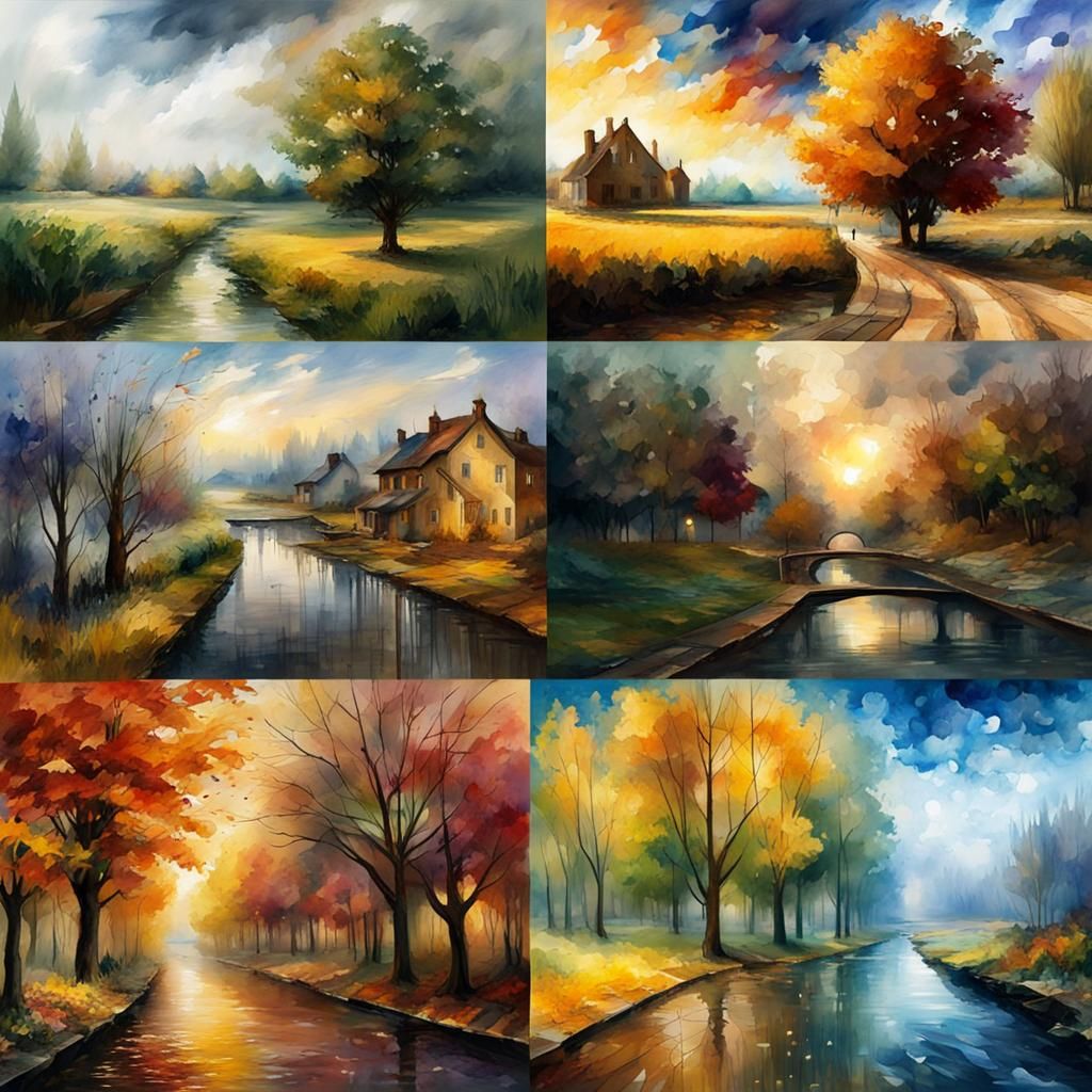 Four Seasons Landscape in Watercolor Style
