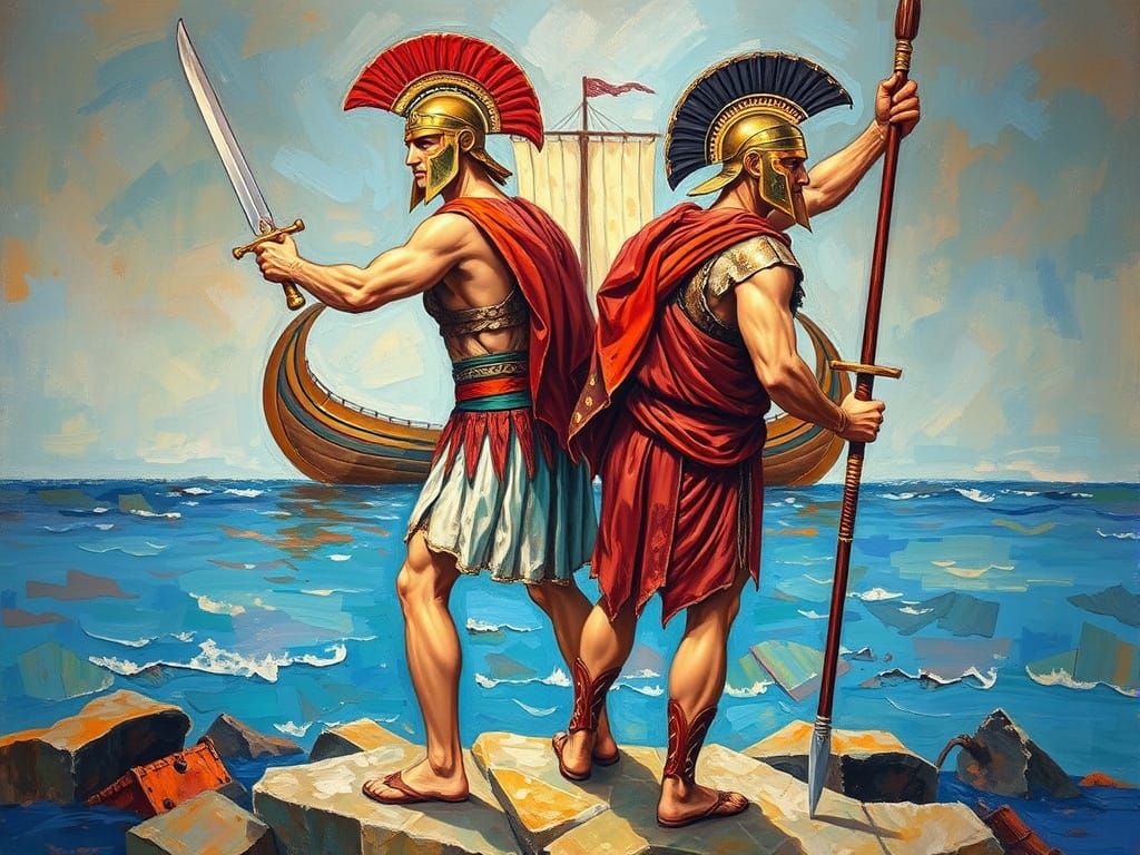 Ancient Greek Warriors in Neo-Impressionist Style Oil Painti...