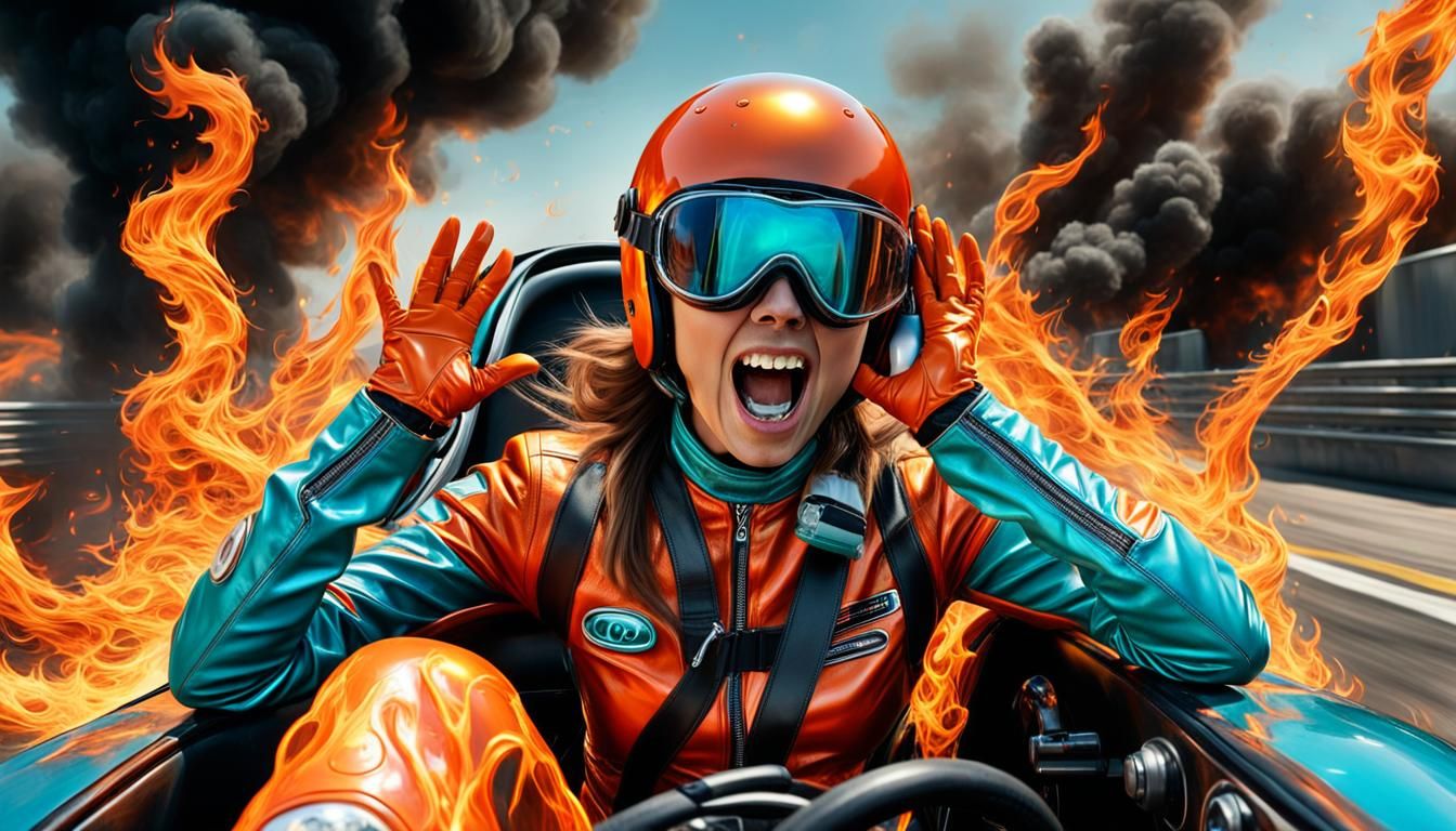 Burning Fear: Hyperrealistic Woman in Racing Car