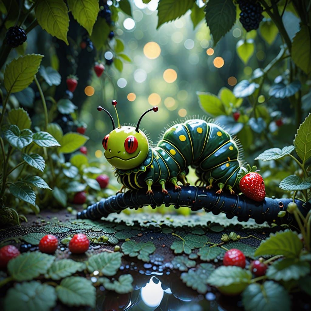 Chartreuse Caterpillar's Strawberry Adventure in Whimsical I...