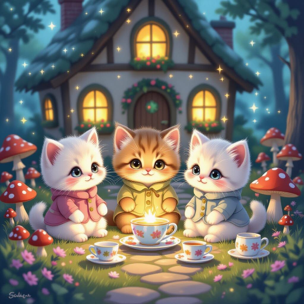 Magical Cottage Kittens in Pastel Ghibli Style
