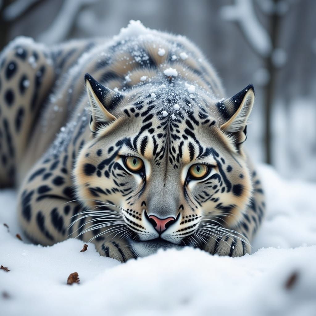 Snow Leopard Hiding Camouflaged in Winter Snow