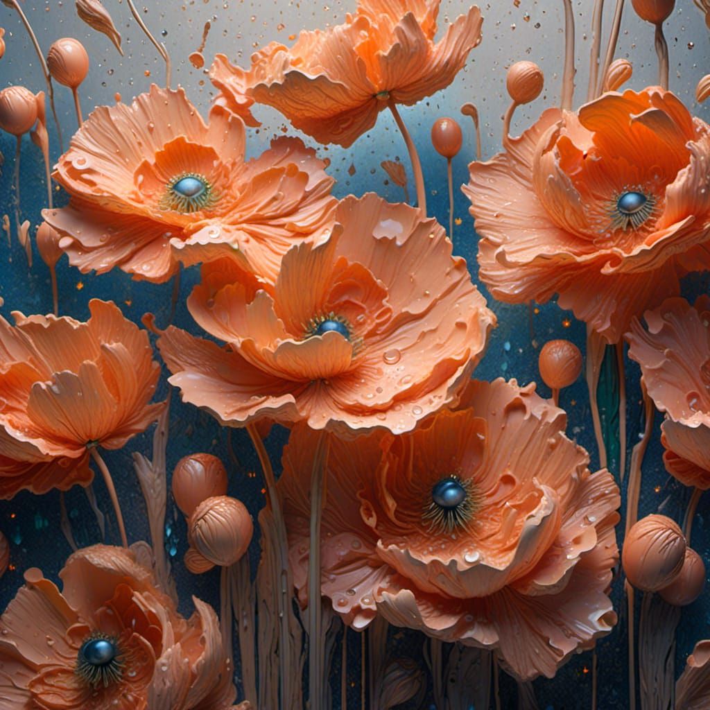Peach Poppies in Impasto Oil Painting Style