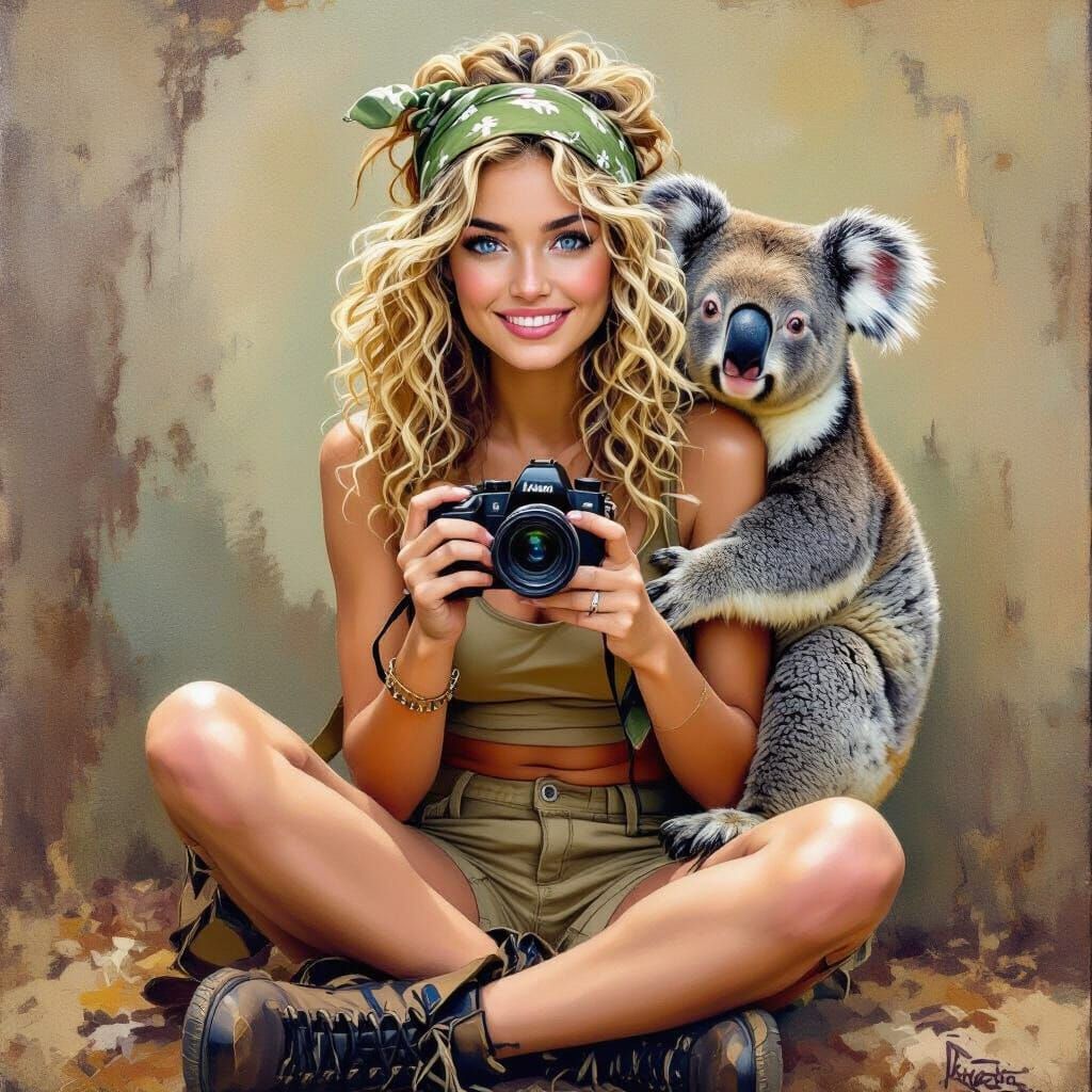 Woman with Koala: Vibrant Oil Painting in Expressive Style