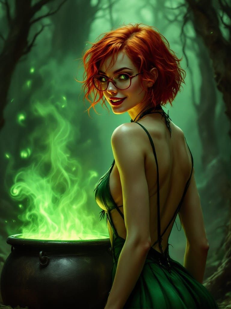 Wicked Ginger Witch by Bubbling Cauldron in Spooky Forest