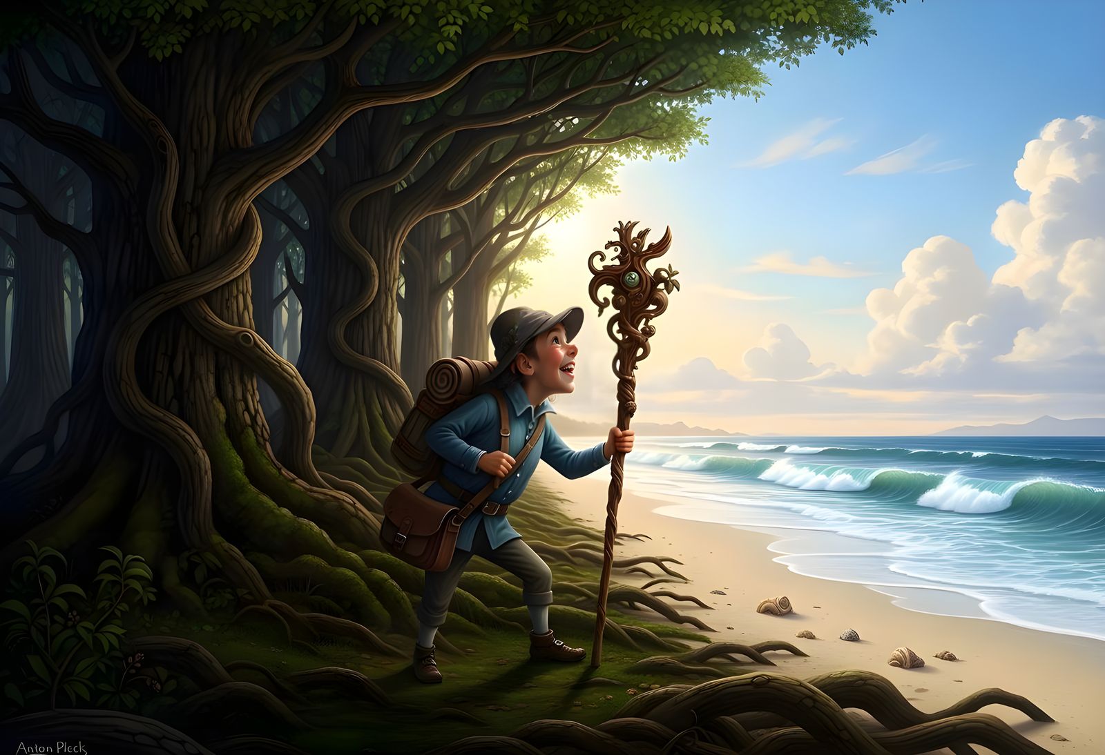 Traveler Emerges from Forest into Light, Fantasy Art