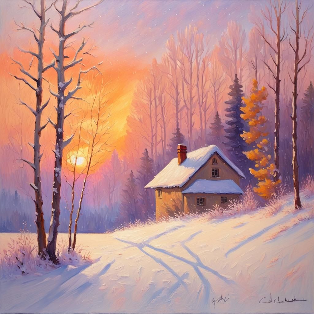Snowy Winter Landscape in Impressionist Style