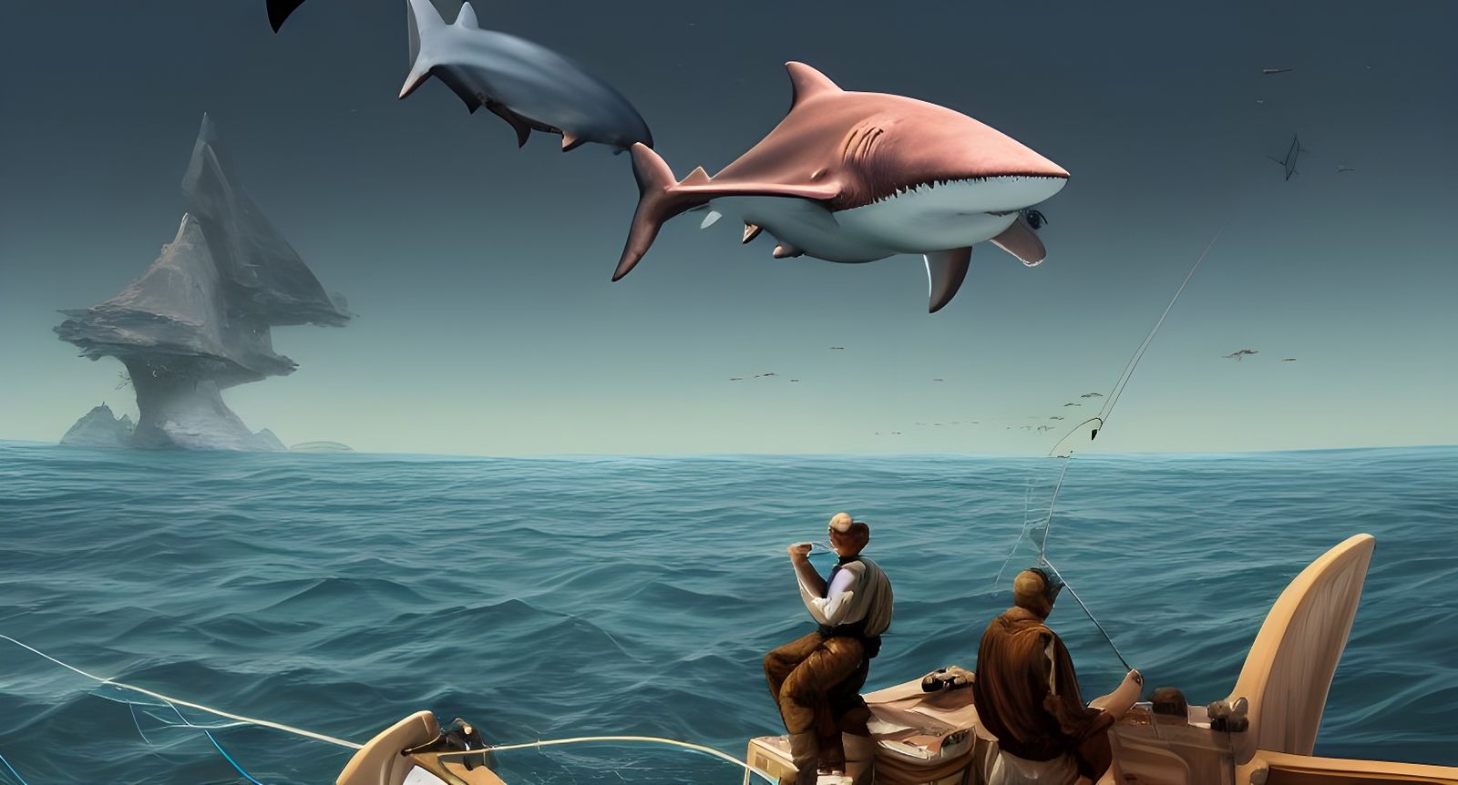 Fishermen on Airship Catch Megalodon Shark