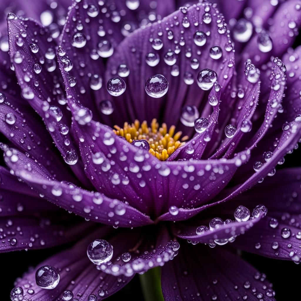 Macro Dew Drops on Violet Flower: Hyperrealistic HDR