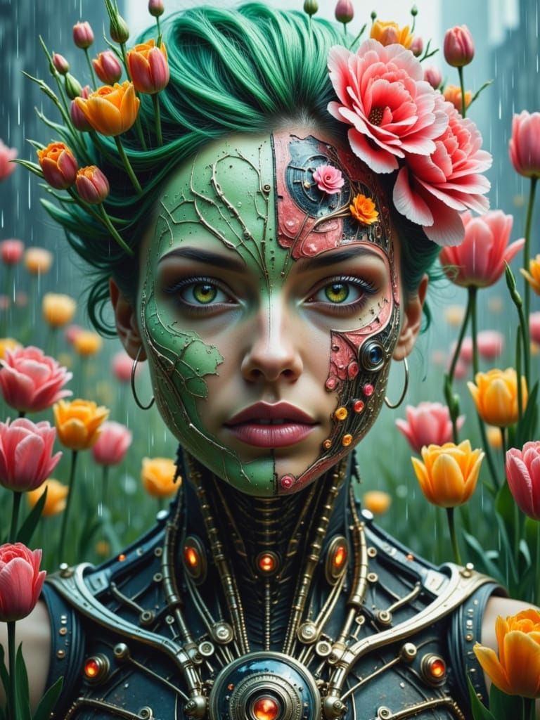 Gothic Biopunk Gentleman in Whispers of Tulips and Rain