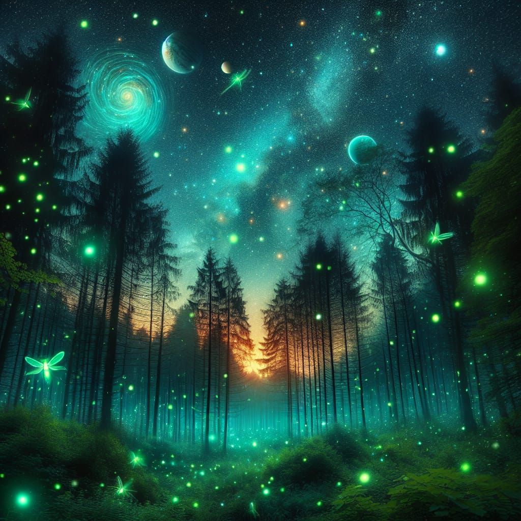 Enchanting Bioluminescent Forest Under a Starry Night