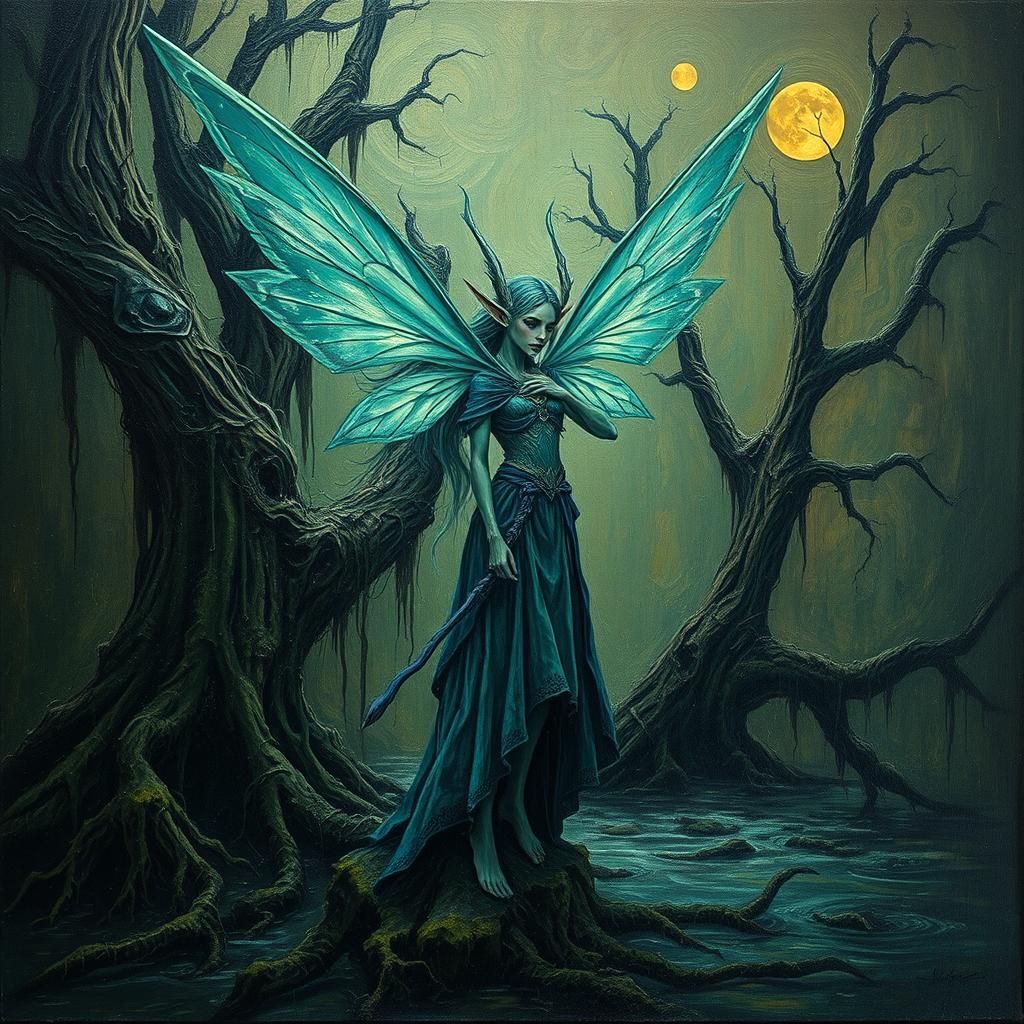 Ethereal Swamp Elf Fairy in Surreal Art Deco Landscape