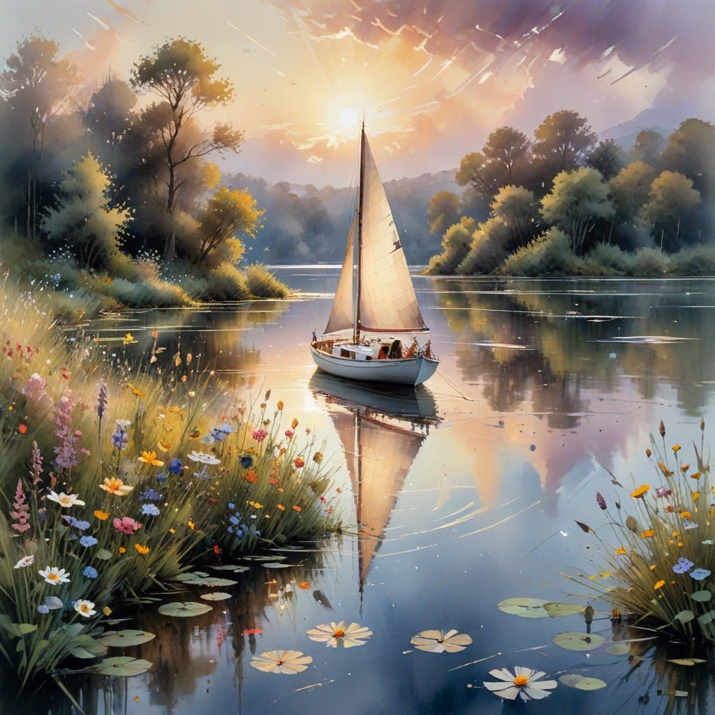 Serene Watercolour Sailing Boat on Sunlit Lake