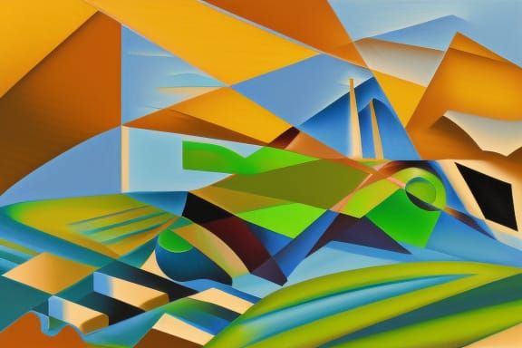 rolling green hills with tall grass and a blue sky cubist painting, Neo-Cubism, layered overlapping geometry, art deco p...