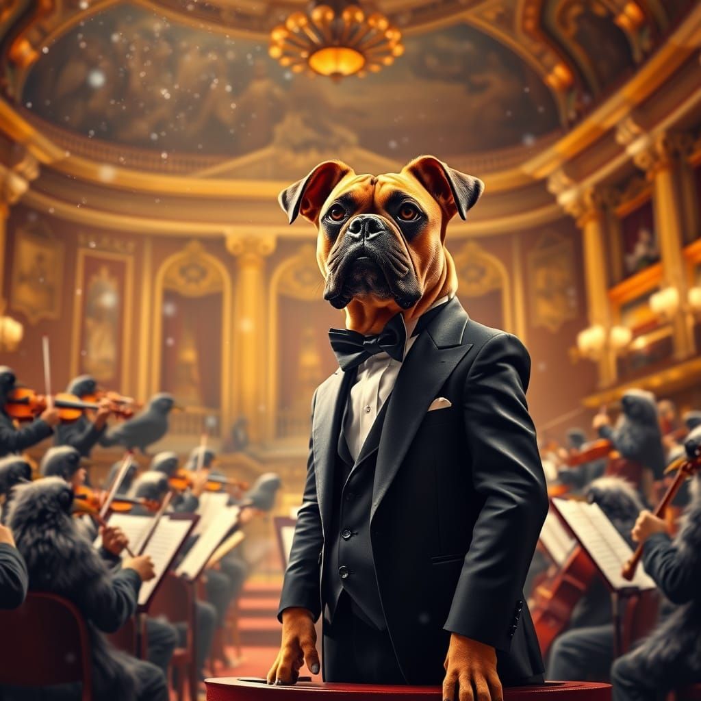 Boxer Dog Conducts Crow Orchestra in Opulent Concert Hall
