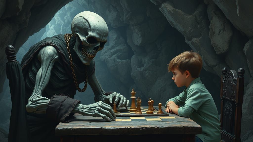 Undead Man Plays Chess With Boy in Cavern