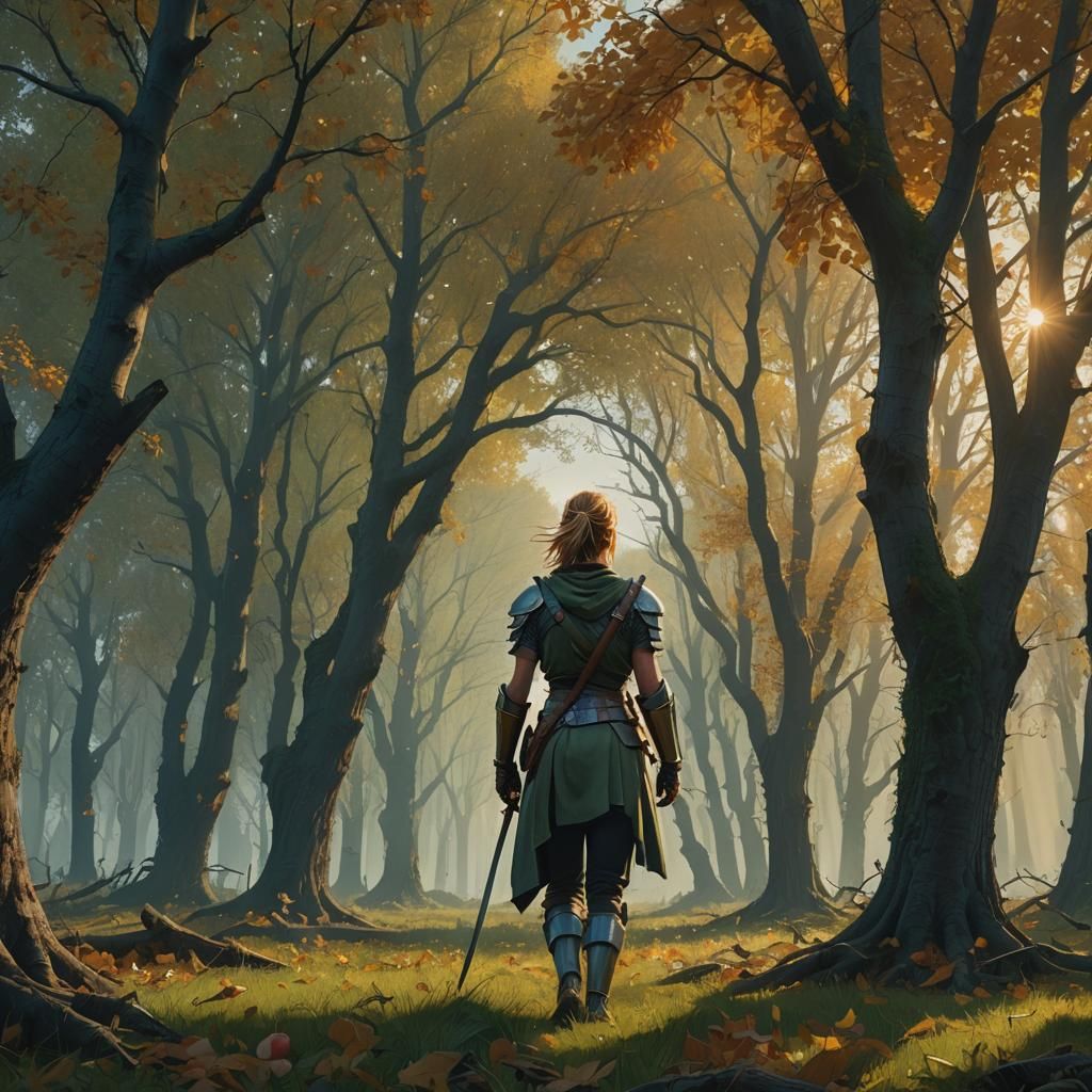 Female Warrior in Autumn Orchard: Digital Matte Painting