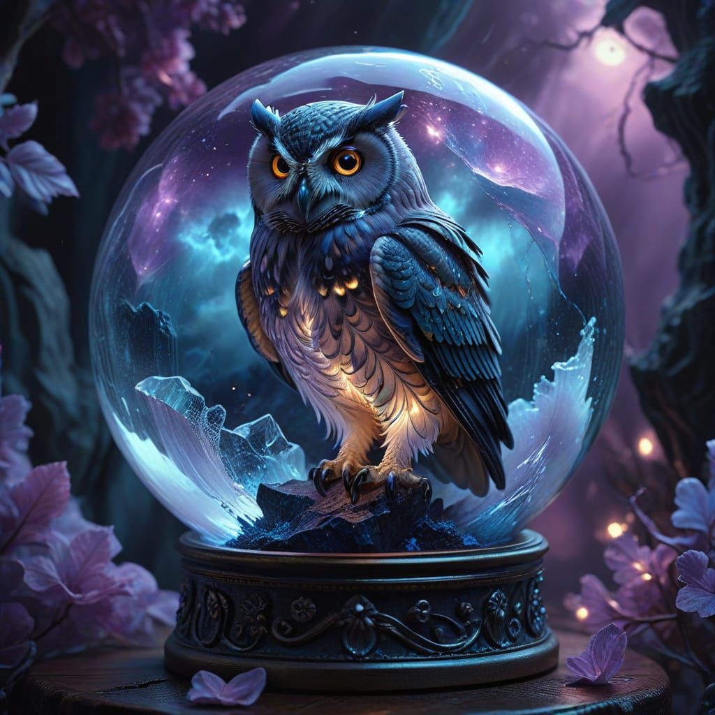 Dreamlike Crystal Globe with Owl and Swirling Stormy Skies