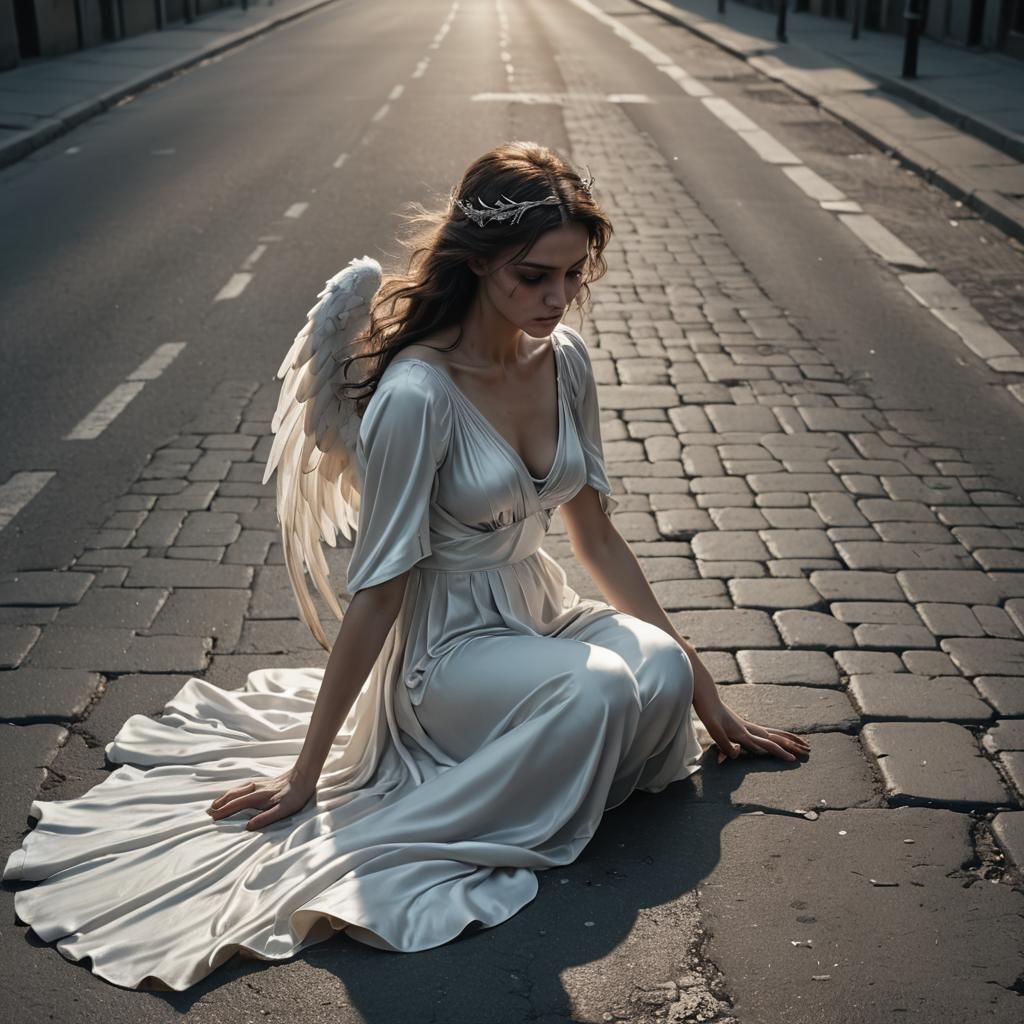 Fallen Angel in Dark Street: Fantasy Art