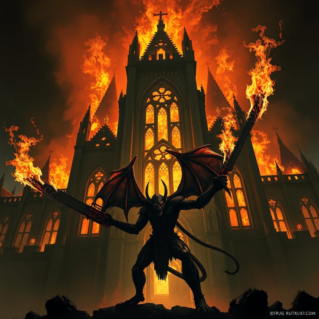 Infernal Demon in Burning Gothic Landscape