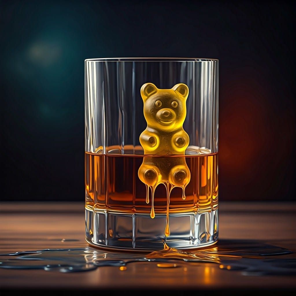 Gummy Bear's Surreal Whiskey: A Salvador Dali Inspired Image