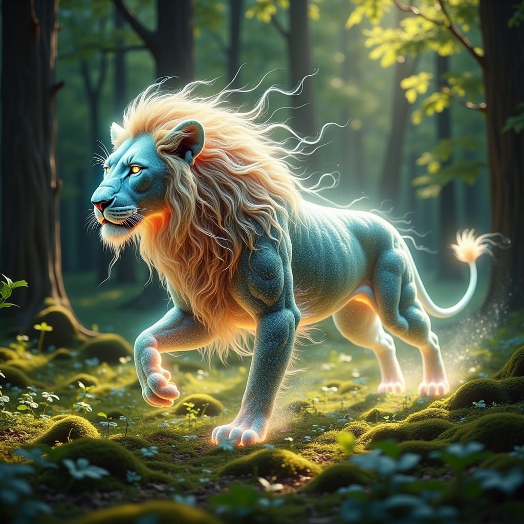 Radiant Lion Sprints Across Sun-Drenched Field
