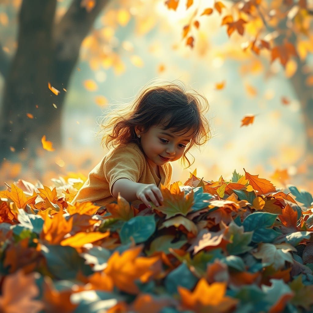 Girl Playing in Autumn Leaves Watercolor Art