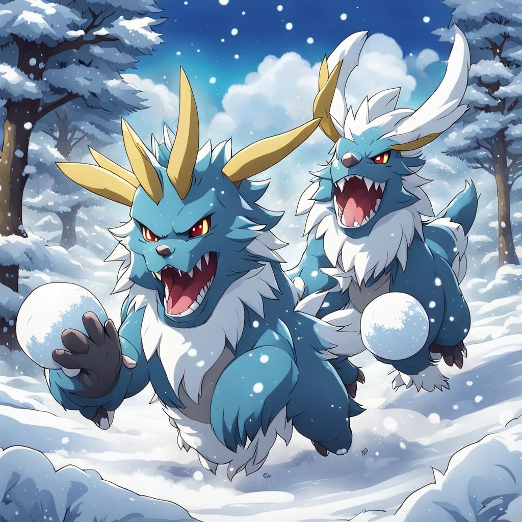 Zinogre and Lagombi Snowball Fight in Anime Style