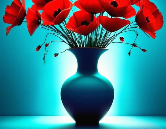 Red Poppies in Turquoise Vase in Pastel Style