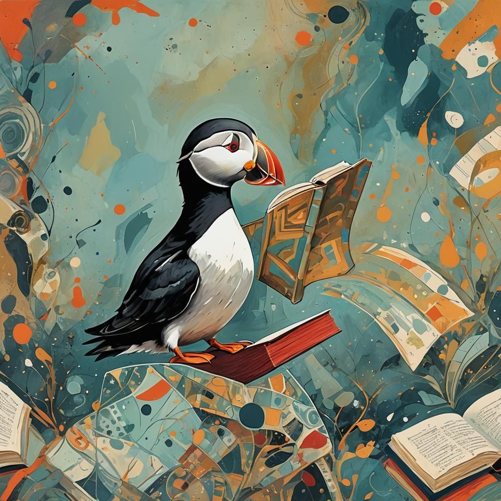 Puffin Reading Book in Abstract Art Style